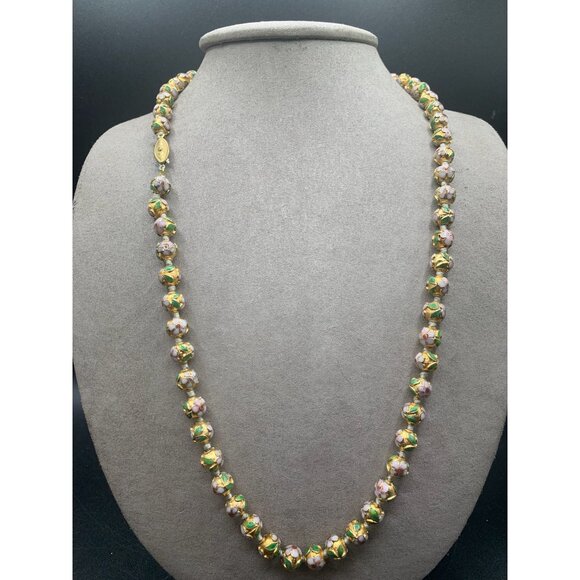 Champleve Cloissone Necklace Long Handknotted Pink Green Gold Red Colorful Beads - Picture 3 of 7